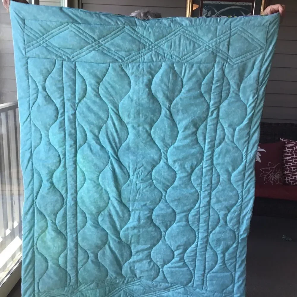 NWT Hand Crafted Quilt in Oriental Prints of Blues and Aquas With Cranes